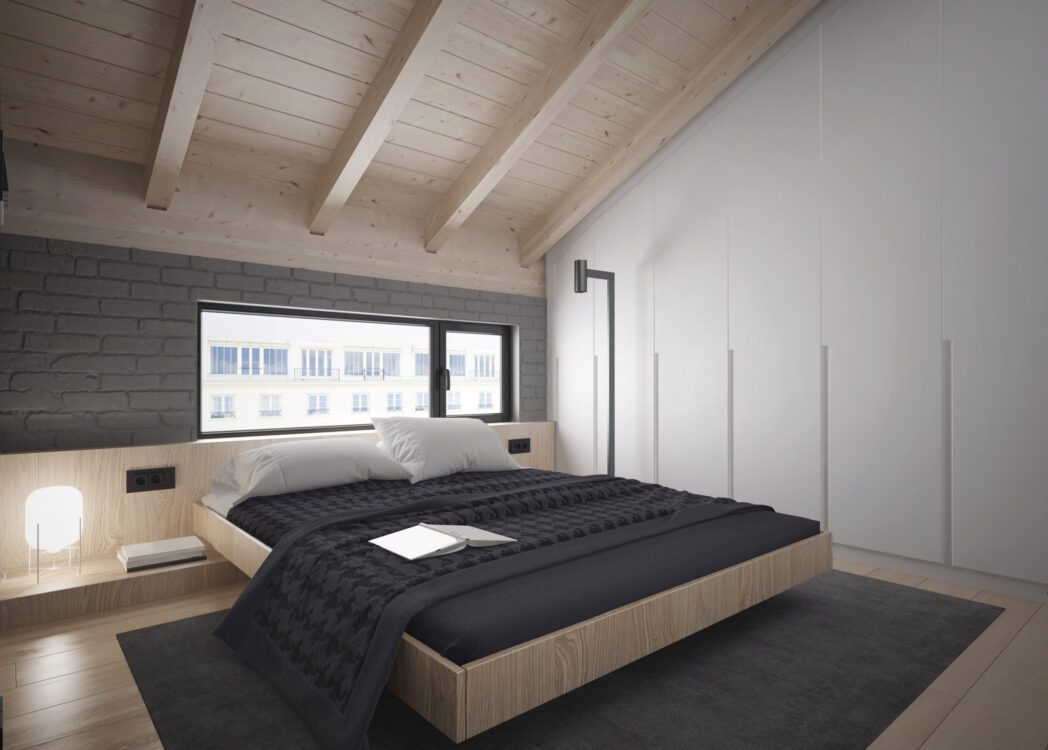 King size bed with big closet by with wooden beams in the ceiling  - 3D render